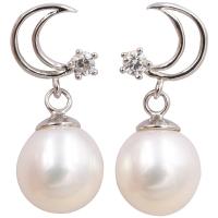 Freshwater Pearl Earrings, 925 Sterling Silver, with Freshwater Pearl, plated, for woman & with rhinestone, silver color, 11x7mm, Sold By Pair