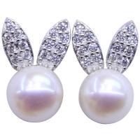 Freshwater Pearl Earrings, 925 Sterling Silver, with Freshwater Pearl, plated, for woman & with rhinestone, silver color, 11x7mm, Sold By Pair