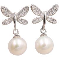 Freshwater Pearl Earrings, 925 Sterling Silver, with Freshwater Pearl, plated, for woman & with rhinestone, silver color, 13x11mm, Sold By Pair
