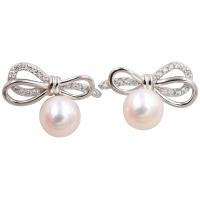 Freshwater Pearl Earrings, 925 Sterling Silver, with Freshwater Pearl, plated, for woman & with rhinestone, silver color, Sold By Pair