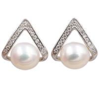 Freshwater Pearl Earrings, 925 Sterling Silver, with Freshwater Pearl, plated, for woman & with rhinestone, silver color, 12x12mm, Sold By Pair