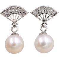 Freshwater Pearl Earrings, 925 Sterling Silver, with Freshwater Pearl, plated, for woman & with rhinestone, silver color, 11x10mm, Sold By Pair