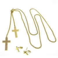 Titanium Steel Jewelry Set Stud Earring & necklace Cross Vacuum Ion Plating Adjustable & for woman & with rhinestone Length Approx 28.35 Inch Approx Sold By Set