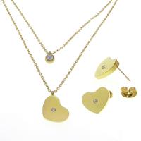 Titanium Steel Jewelry Set, Stud Earring & necklace, with 1.97Inch extender chain, Heart, Vacuum Ion Plating, Double Layer & for woman & with rhinestone, more colors for choice, 15x12mm,5.9mm, Length:Approx 16.54 Inch, Approx 2PCs/Set, Sold By Set