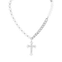 Stainless Steel Jewelry Necklace, 316L Stainless Steel, with Plastic Pearl, with 1.96inch extender chain, Cross, Unisex & with rhinestone, original color, 24x40mm, Length:Approx 15.7 Inch, Sold By PC