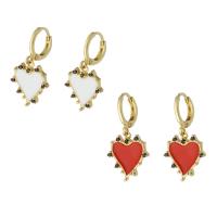 Huggie Hoop Drop Earring Brass Heart gold color plated micro pave cubic zirconia & for woman & enamel 30mm Sold By Pair