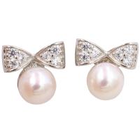 Freshwater Pearl Earrings with 925 Sterling Silver Bowknot for woman & with rhinestone white Sold By Pair