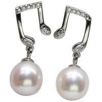 Freshwater Pearl Earrings, with 925 Sterling Silver, Music Note, for woman & with rhinestone, white, 7x15mm, Sold By Pair