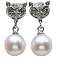 Freshwater Pearl Earrings, with 925 Sterling Silver, Fox, for woman & with rhinestone, white, 8x13mm, Sold By Pair