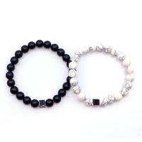 Gemstone Bracelets, Abrazine Stone, with Howlite & Hematite, Round, Unisex, white and black, 8mm, Length:Approx 7.09 Inch, Approx 2PCs/Set, Sold By Set