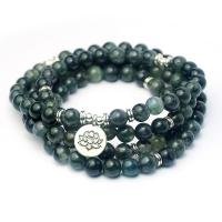 108 Mala Beads Moss Agate with Zinc Alloy Round platinum color plated Unisex green 8mm 14mm Approx Sold By Strand