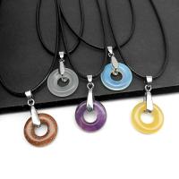 Natural Gemstone Necklace with Wax Cord & Brass Donut silver color plated fashion jewelry Sold Per Approx 50 cm Strand