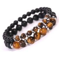 Gemstone Bracelets, Black Agate, with Labradorite & Tiger Eye, Round, different materials for choice & Unisex, 8mm, 6mm, Length:Approx 7 Inch, Sold By Set
