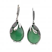Cats Eye Earring, with Tibetan Style, Teardrop, antique silver color plated, vintage & for woman, green, 20x54mm, Sold By Pair