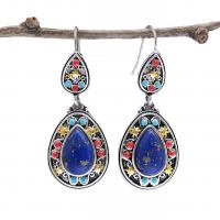 Natural Gemstone Earrings, Lapis Lazuli, with Gemstone & Tibetan Style, Teardrop, antique silver color plated, vintage & for woman, mixed colors, nickel, lead & cadmium free, 18.50x46mm, Sold By Pair