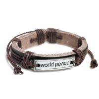 Cowhide Bracelet, with Wax Cord & Tibetan Style, Rectangle, antique silver color plated, Adjustable & Unisex, reddish-brown, Length:Approx 7.5 Inch, Sold By PC