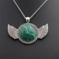 Natural Gemstone Necklace, Brass, with Malachite & Tibetan Style, Wing Shape, silver color plated, with rhinestone, green, nickel, lead & cadmium free, Length:15.75 Inch, Sold By PC