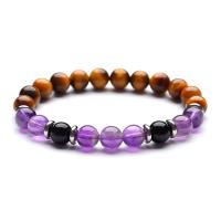 Gemstone Bracelets, Tiger Eye, with Black Agate & Amethyst, Round, fashion jewelry & Unisex, 8mm, Length:Approx 7.3 Inch, Sold By PC