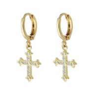 Cubic Zirconia Micro Pave Brass Earring, Cross, gold color plated, micro pave cubic zirconia & for woman, 28.50mm, Sold By Pair