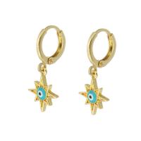 Huggie Hoop Drop Earring Brass Eight Point Star gold color plated for woman & enamel skyblue 26mm Sold By Pair
