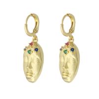 Boucles d'oreilles en laiton zircon cubique pavent, Visage, Placage de couleur d'or, pavé de micro zircon & pour femme, multicolore, 35mm, Vendu par paire