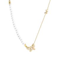 Plastic Pearl Necklace, Titanium Steel, with ABS Plastic Pearl, with 1.97 extender chain, Butterfly, real gold plated, fashion jewelry & micro pave cubic zirconia & for woman, golden, Length:35.5 cm, Sold By PC