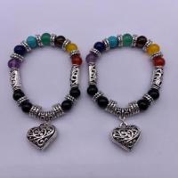 Gemstone Bracelets, Natural Stone, with Tibetan Style, Heart, antique silver color plated, Unisex, mixed colors, 8mm, Length:Approx 7.5 Inch, Sold By PC
