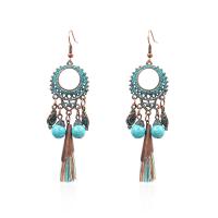 Fashion Fringe Earrings, Tibetan Style, with Blue Turquoise & Caddice, Donut, plated, vintage & for woman, blue, nickel, lead & cadmium free, 22x85mm, Sold By Pair