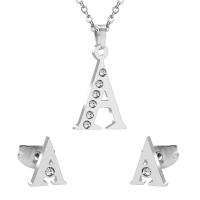 Fashion Stainless Steel Jewelry Sets, Stud Earring & necklace, 304 Stainless Steel, Alphabet Letter, 2 pieces & Different Shape for Choice & fashion jewelry & for woman & with rhinestone, original color, Length:Approx 17.72 Inch, Sold By Set