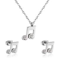 Fashion Stainless Steel Jewelry Sets Stud Earring & necklace 304 Stainless Steel Music Note Vacuum Ion Plating 2 pieces & fashion jewelry & for woman & with rhinestone 10mm*11mm 6mm*7mm Length Approx 17.72 Inch Sold By Set