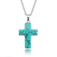 Natural Gemstone Necklace, with Quartz & Turquoise, Cross, plated, fashion jewelry & different materials for choice & Unisex & oval chain, more colors for choice, 18x5x25mm, Sold Per Approx 50 cm Strand