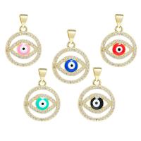 Cubic Zirconia Micro Pave Brass Pendant Round gold color plated DIY & evil eye pattern & micro pave cubic zirconia & enamel 16.50mm Sold By PC