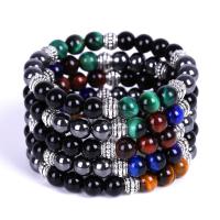 Gemstone Bracelets Tiger Eye with Black Stone Round fashion jewelry & Unisex 8mm Length Approx 7.3 Inch Sold By PC