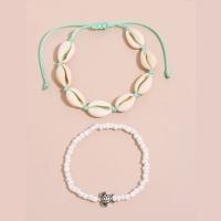 Seedbead Anklet with zinc alloy bead & Polyester Cord & Shell platinum color plated Double Layer & for woman 18cm 16cm Sold By Set
