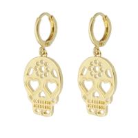Brass Huggie Hoop Drop Earring Skull gold color plated for woman & hollow 35mm Sold By Pair