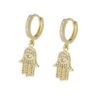 laiton Boucles d'oreilles pendantes Hoop Huggie, main, Placage de couleur d'or, pavé de micro zircon & pour femme, 29mm, Vendu par paire