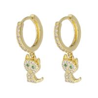 Brass Huggie Hoop Drop Earring Cat gold color plated micro pave cubic zirconia & for woman 25mm Sold By Pair