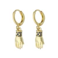 laiton Boucles d'oreilles pendantes Hoop Huggie, main, Placage de couleur d'or, pavé de micro zircon & pour femme, 29mm, Vendu par paire