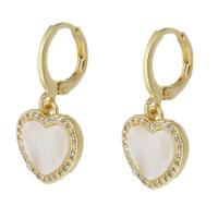 Cubic Zirconia Micro Pave Brass Earring, with Shell, Heart, gold color plated, micro pave cubic zirconia & for woman, 26.50mm, Sold By Pair