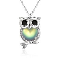 Cubic Zircon Micro Pave 925 Sterling Silver Necklace, with Moonstone, Owl, platinum color plated, micro pave cubic zirconia & for woman, 11x16mm, Length:Approx 15.74 Inch, Sold By PC
