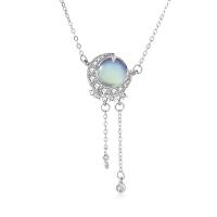 Cubic Zircon Micro Pave 925 Sterling Silver Necklace, with Moonstone, platinum color plated, micro pave cubic zirconia & for woman, 12x40mm, Length:Approx 15.74 Inch, Sold By PC