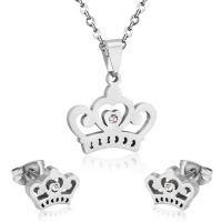 Fashion Stainless Steel Jewelry Sets Stud Earring & necklace 304 Stainless Steel Crown Vacuum Ion Plating 2 pieces & fashion jewelry & for woman & with rhinestone 22mm*25mm 7.5mm*10mm Length Approx 17.72 Inch Sold By Set