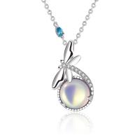 Cubic Zircon Micro Pave 925 Sterling Silver Necklace, with Moonstone, platinum color plated, micro pave cubic zirconia & for woman, 10.50x19mm, Length:Approx 15.74 Inch, Sold By PC