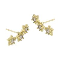 Boucles d'oreilles en laiton zircon cubique pavent, étoile, Placage de couleur d'or, pavé de micro zircon & pour femme, 19x8x15mm, Vendu par paire