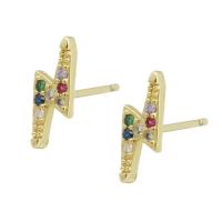 Cubic Zirconia Micro Pave Brass Earring, Lightning Symbol, gold color plated, micro pave cubic zirconia & for woman, multi-colored, 4x11x14mm, Sold By Pair