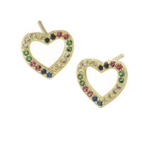 Cubic Zirconia Micro Pave Brass Earring, Heart, gold color plated, micro pave cubic zirconia & for woman & hollow, multi-colored, 10x9.50x14mm, Sold By Pair