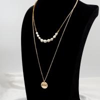 Freshwater Pearl Brass Chain Necklace, cobre, with Pérolas de água doce, with 2.36 extender chain, banhado a ouro genuino, Camada Dupla & joias de moda & para mulher, dourado, comprimento 65 cm, vendido por PC