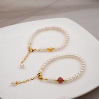 Freshwater Cultured Pearl Bracelet Titanium Steel with Freshwater Pearl & Strawberry Quartz with 1.4 extender chain fashion jewelry & for woman white Sold Per 15 cm Strand