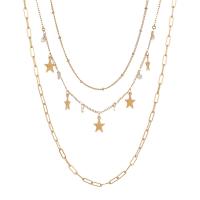 Multi Layer Necklace, Tibetan Style, Star, KC gold color plated, three layers & micro pave cubic zirconia & for woman, nickel, lead & cadmium free, Length:Approx 15 Inch, Approx 15.7 Inch, Approx 19.6 Inch, Sold By PC