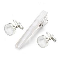 Brass Tie Clip Cufflink Set Box, with White Shell, silver color plated, for man, nickel, lead & cadmium free, 16mm, 60x8mm, 5Pairs/Lot, Sold By Lot